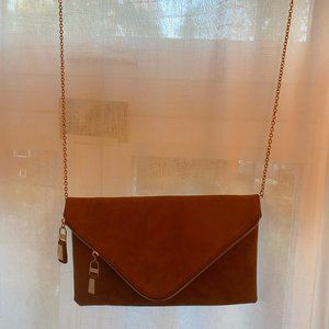 Women's Tan Suede Clutch with Gold Chain
